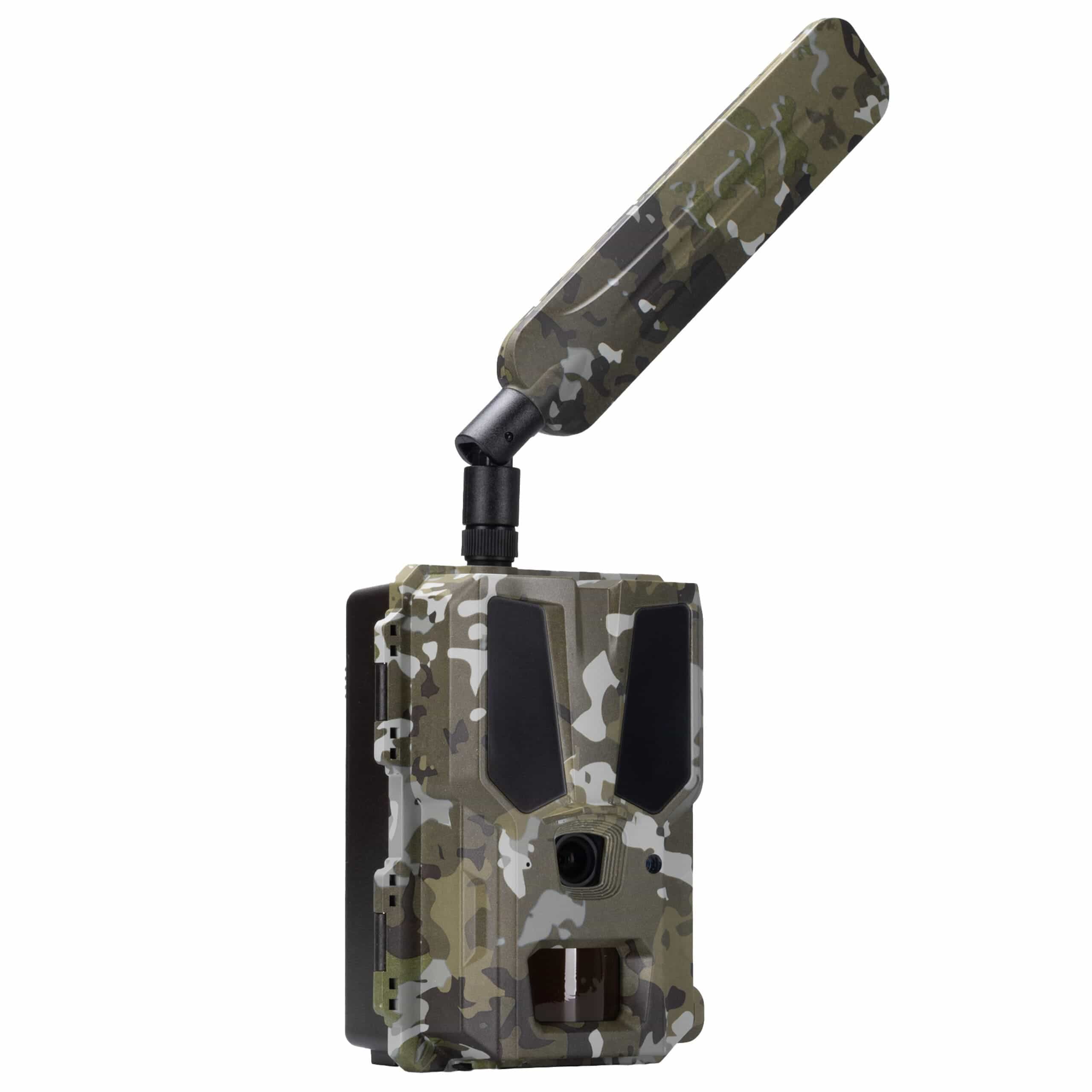 Modernhunter Wildkamera 4G Mini LTE-SIM – schräge Seitenansicht mit Kamera, Sensor und Tarn-Antenne