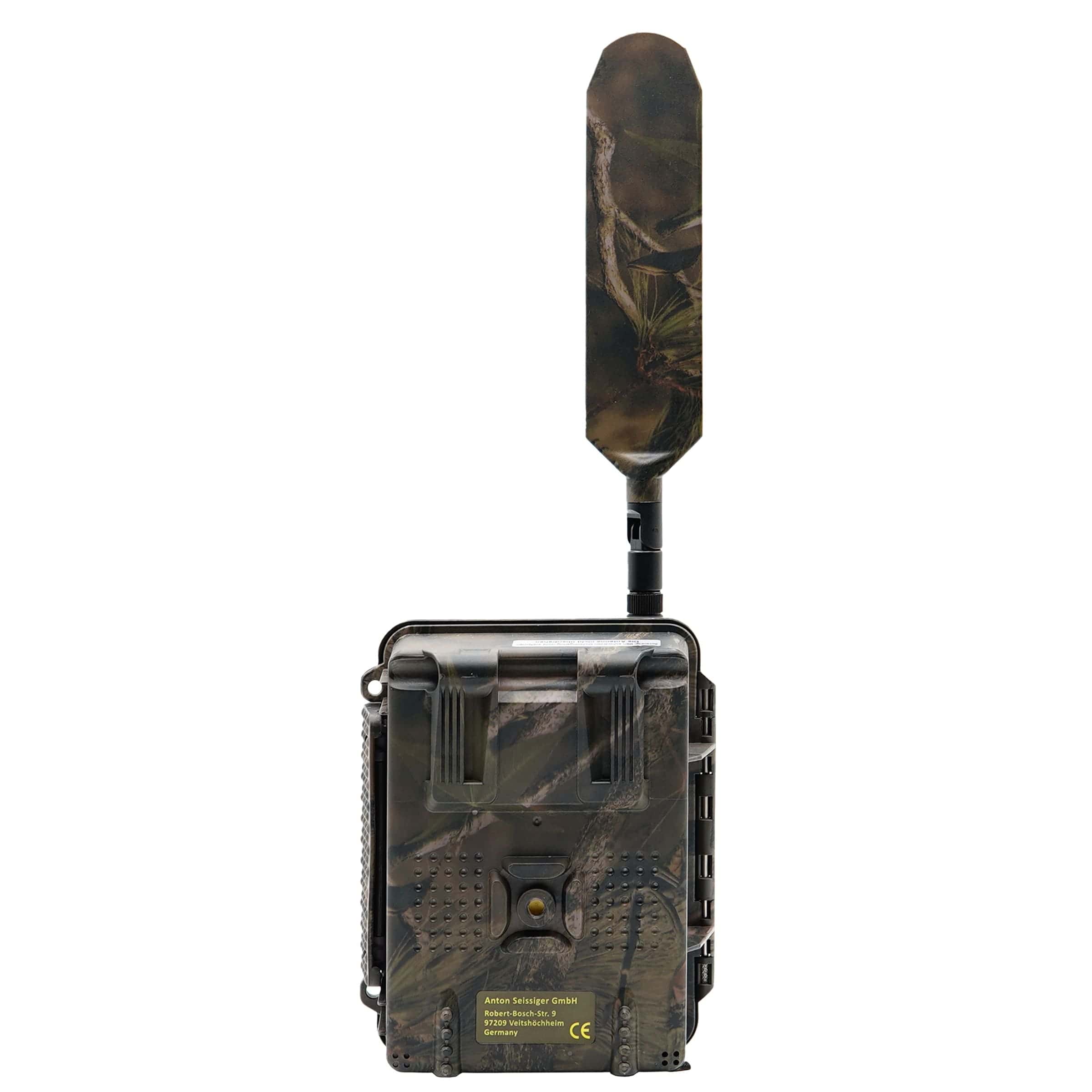 Seissiger Base-Cam LTE SUPERSIM Wildkamera – Rückseite mit Tarngehäuse und LTE-Antenne