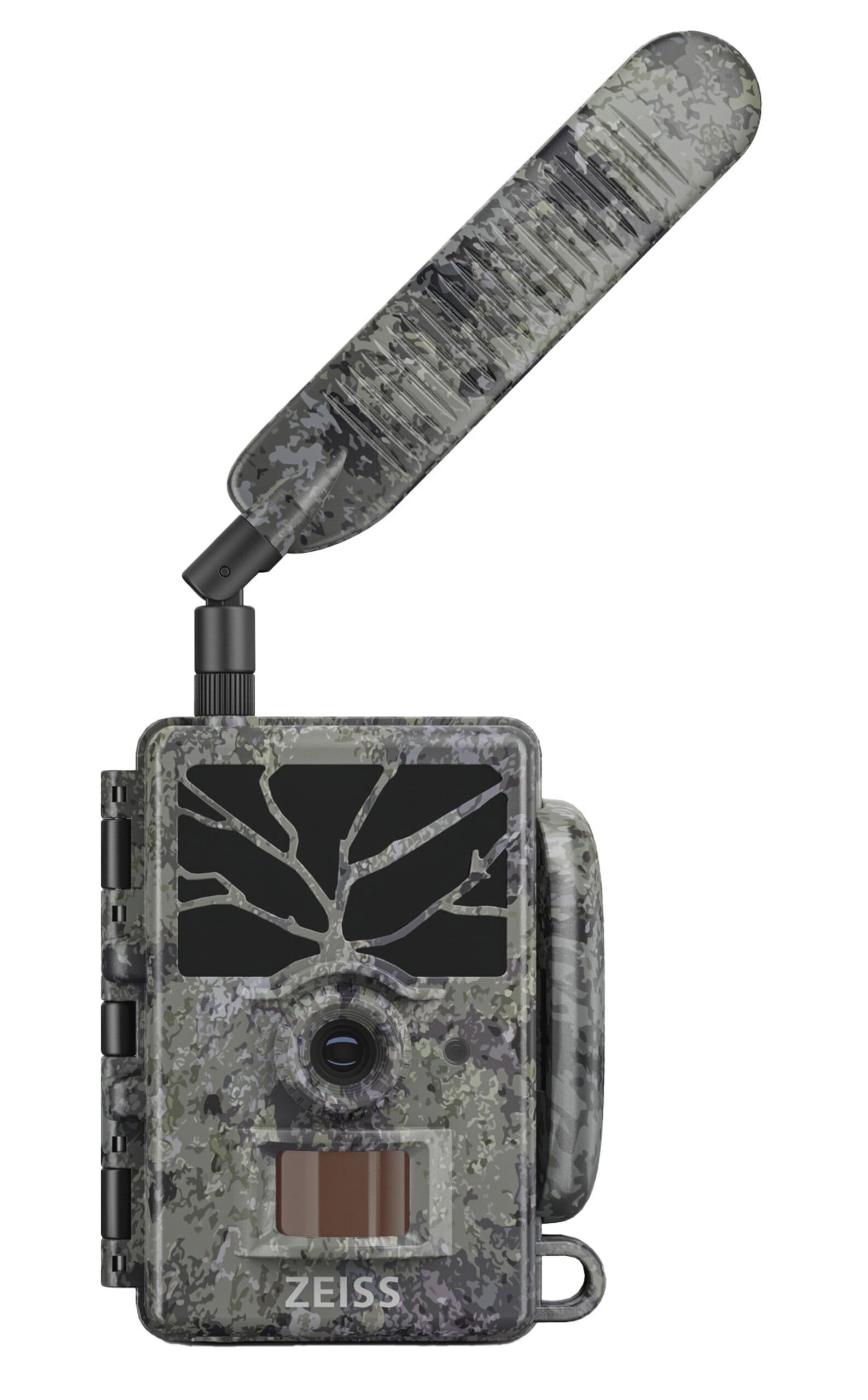 ZEISS Wildkamera Secacam 1 – Frontalansicht mit Kameraobjektiv, PIR-Sensor und Tarngehäuse