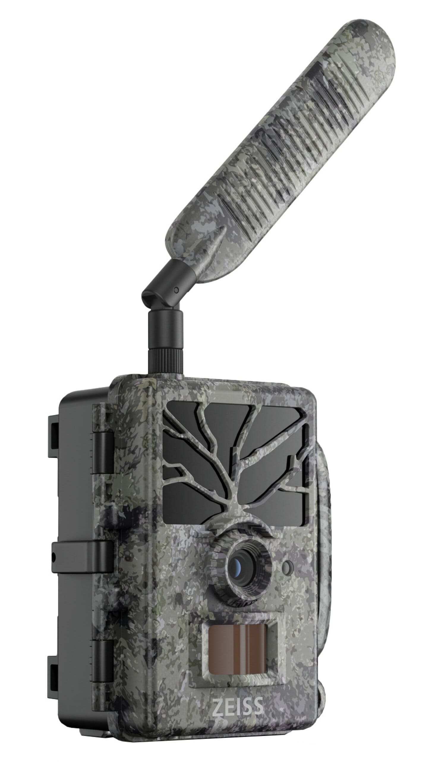 ZEISS Wildkamera Secacam 1 – schräge Seitenansicht mit LTE-Antenne, Objektiv und Bewegungssensor