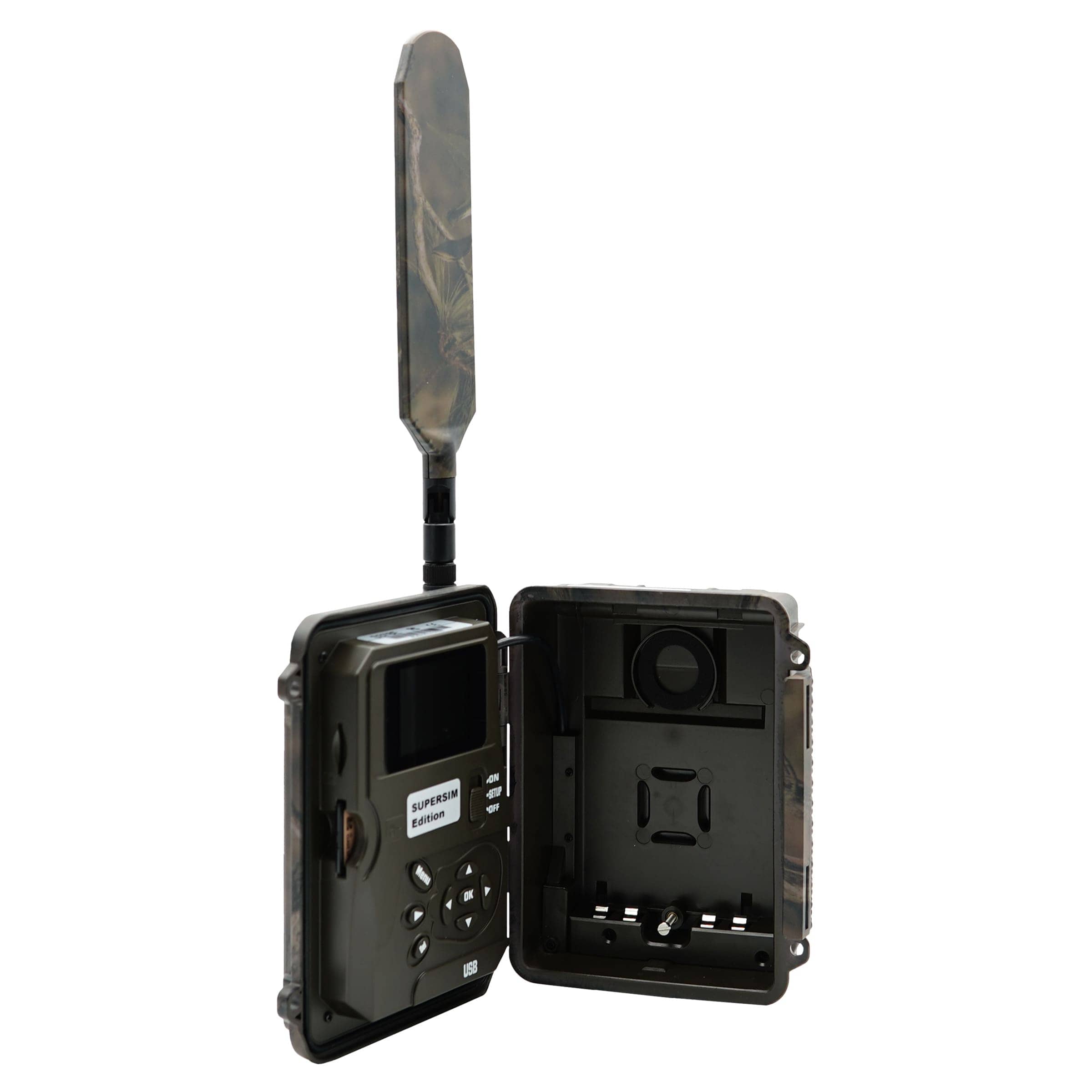 Seissiger Base-Cam LTE SUPERSIM Wildkamera geöffnet – Bedienfeld und Innenraum des Gehäuses
