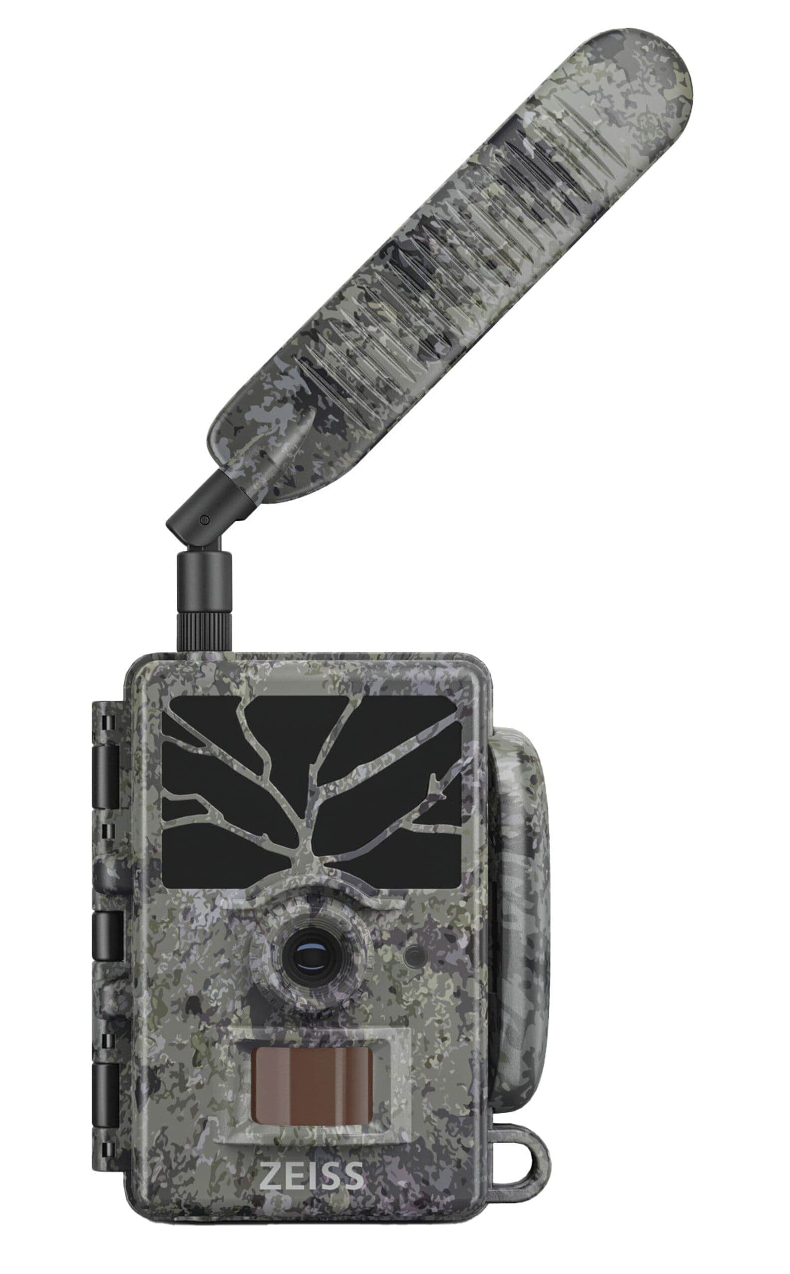 ZEISS Wildkamera Secacam 1 – Frontalansicht mit Kameraobjektiv, PIR-Sensor und Tarngehäuse