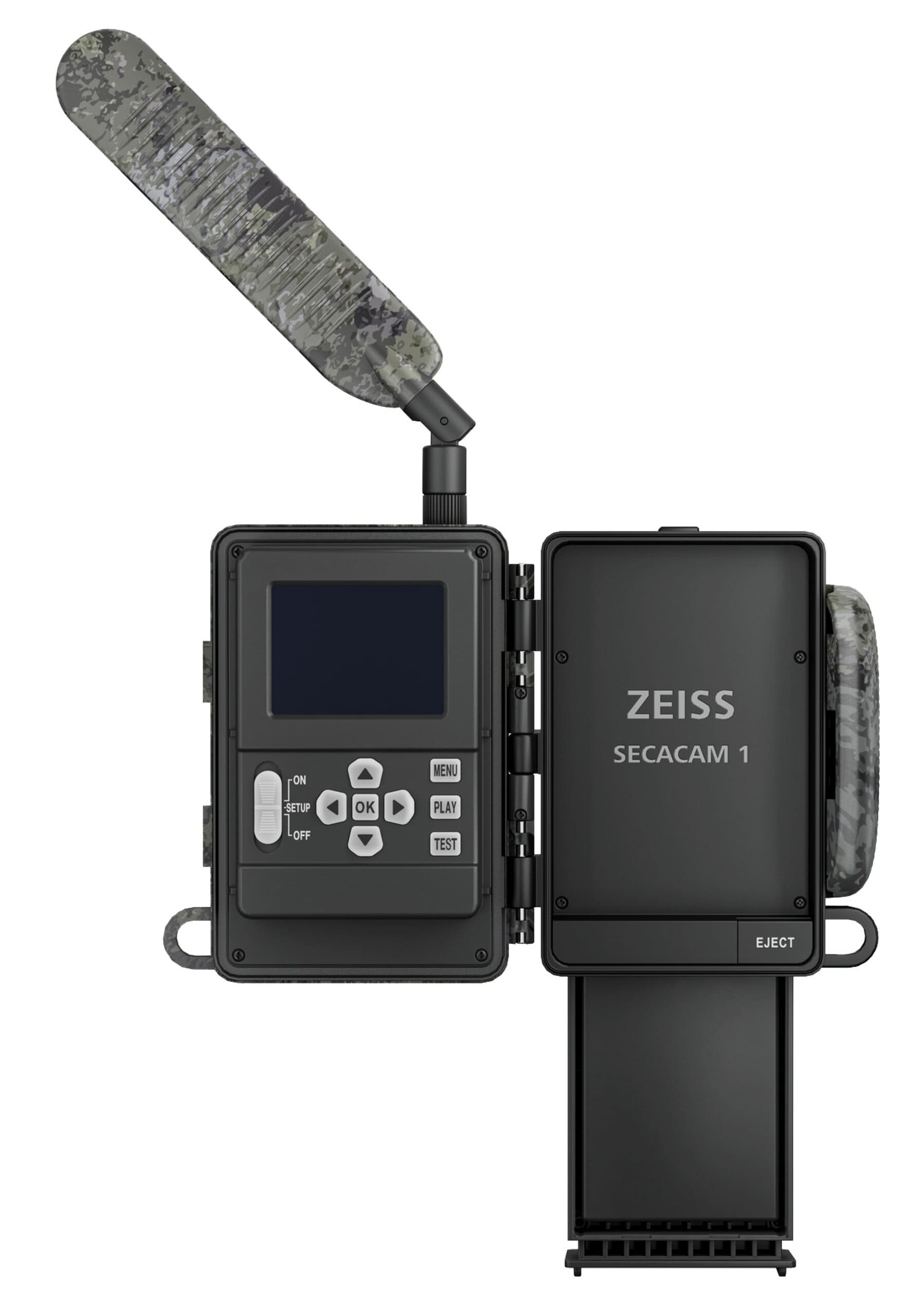 ZEISS Wildkamera Secacam 1 geöffnet mit ausgezogenem Batteriefach und Bedienfeld