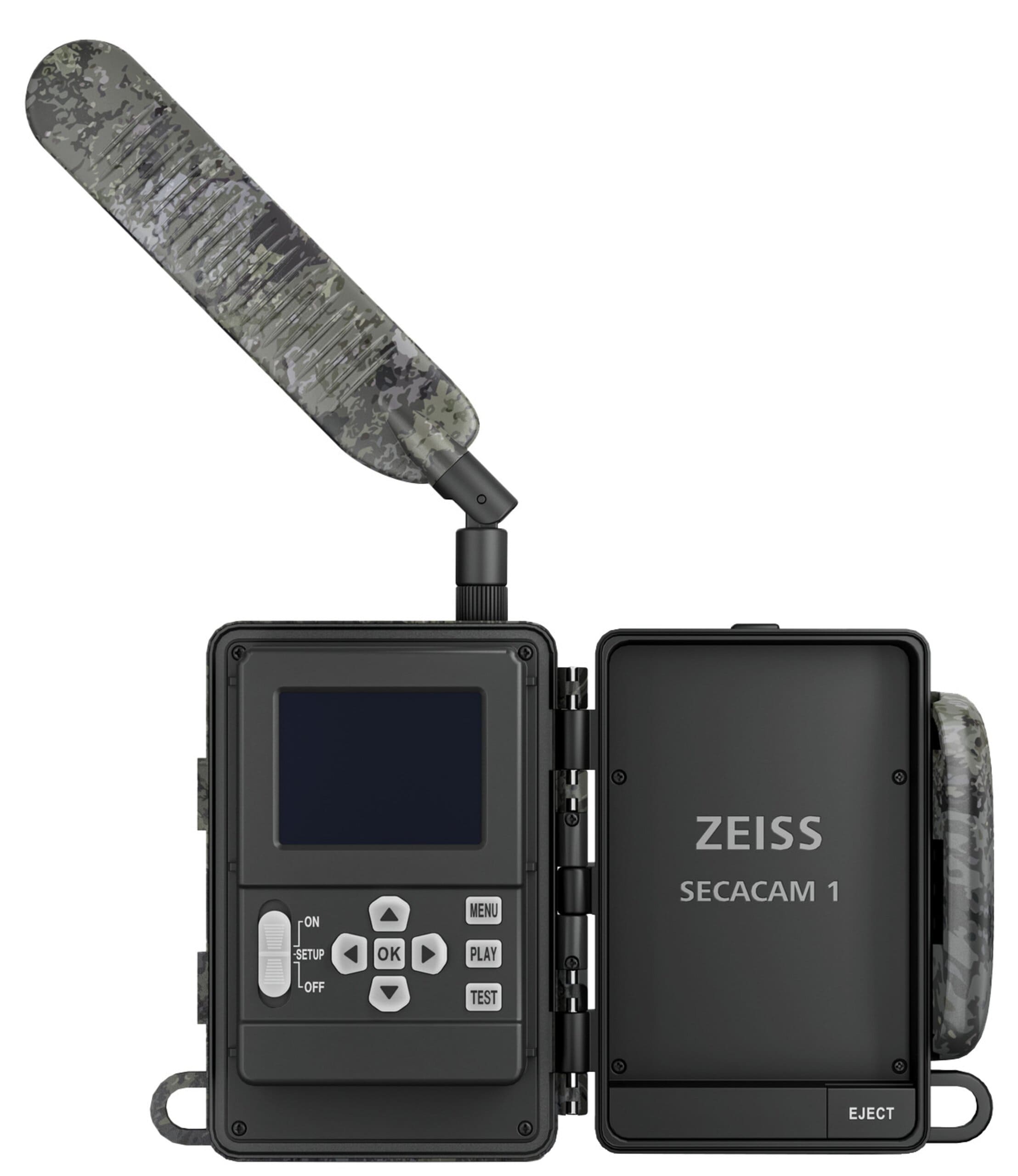 ZEISS Wildkamera Secacam 1 geöffnet – Innenansicht mit Display, Bedientasten und Kameragehäuse