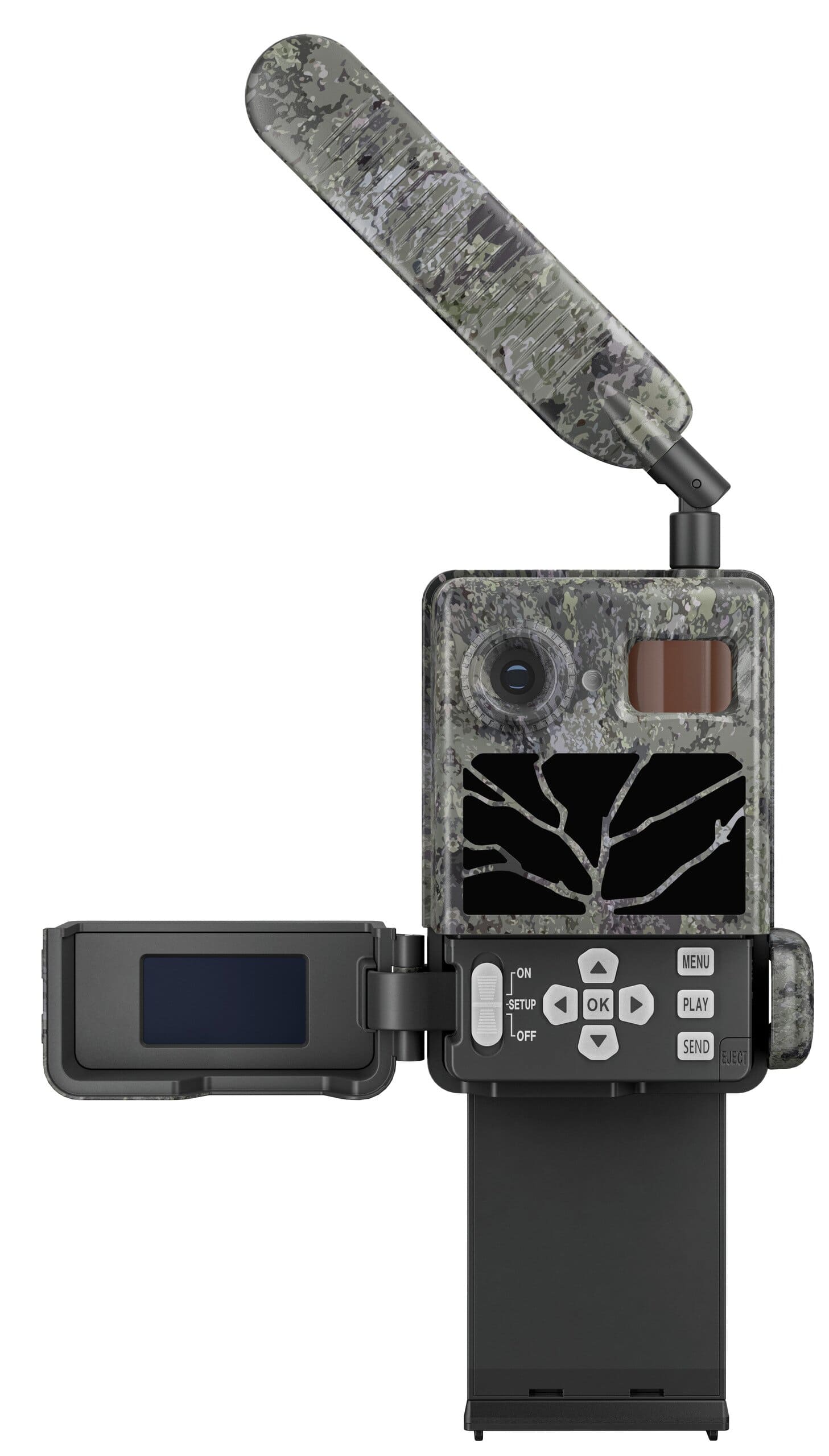 ZEISS Wildkamera Secacam 3 geöffnet mit ausgezogenem Batteriefach, Display und Bedienelementen