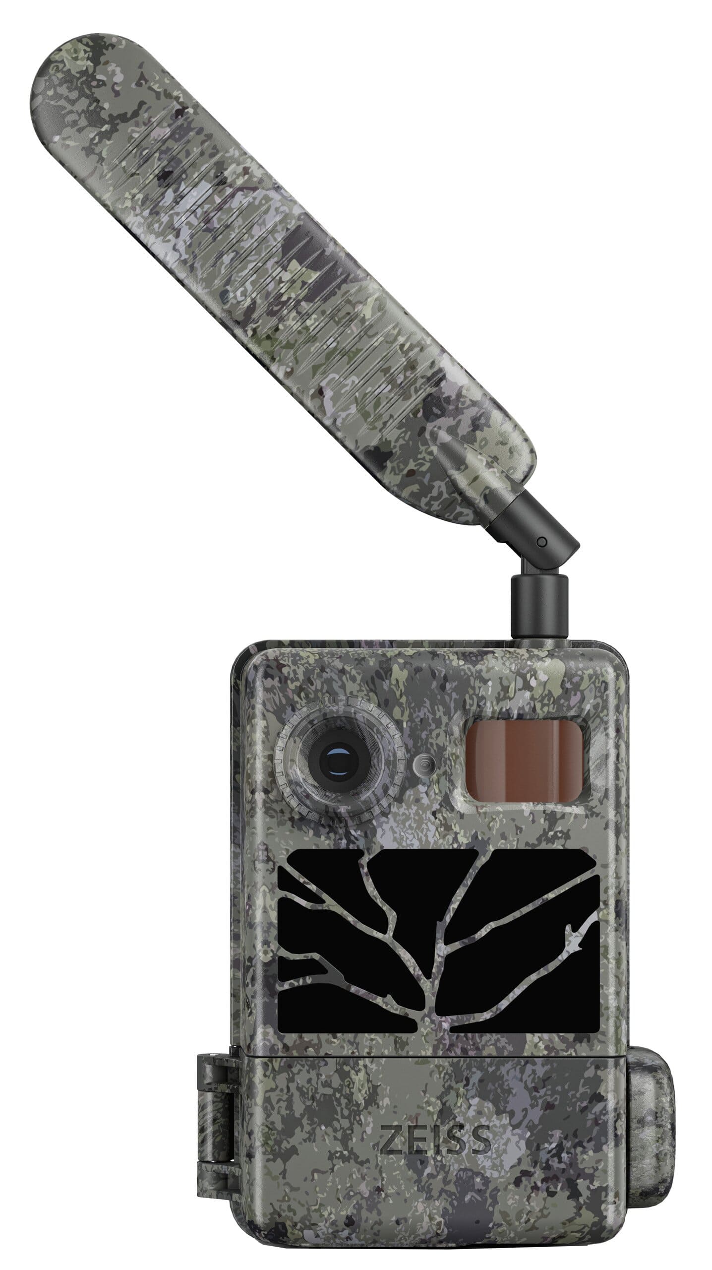 ZEISS Wildkamera Secacam 3 – Frontalansicht mit Kameraobjektiv, PIR-Sensor und LTE-Antenne im Tarnmuster