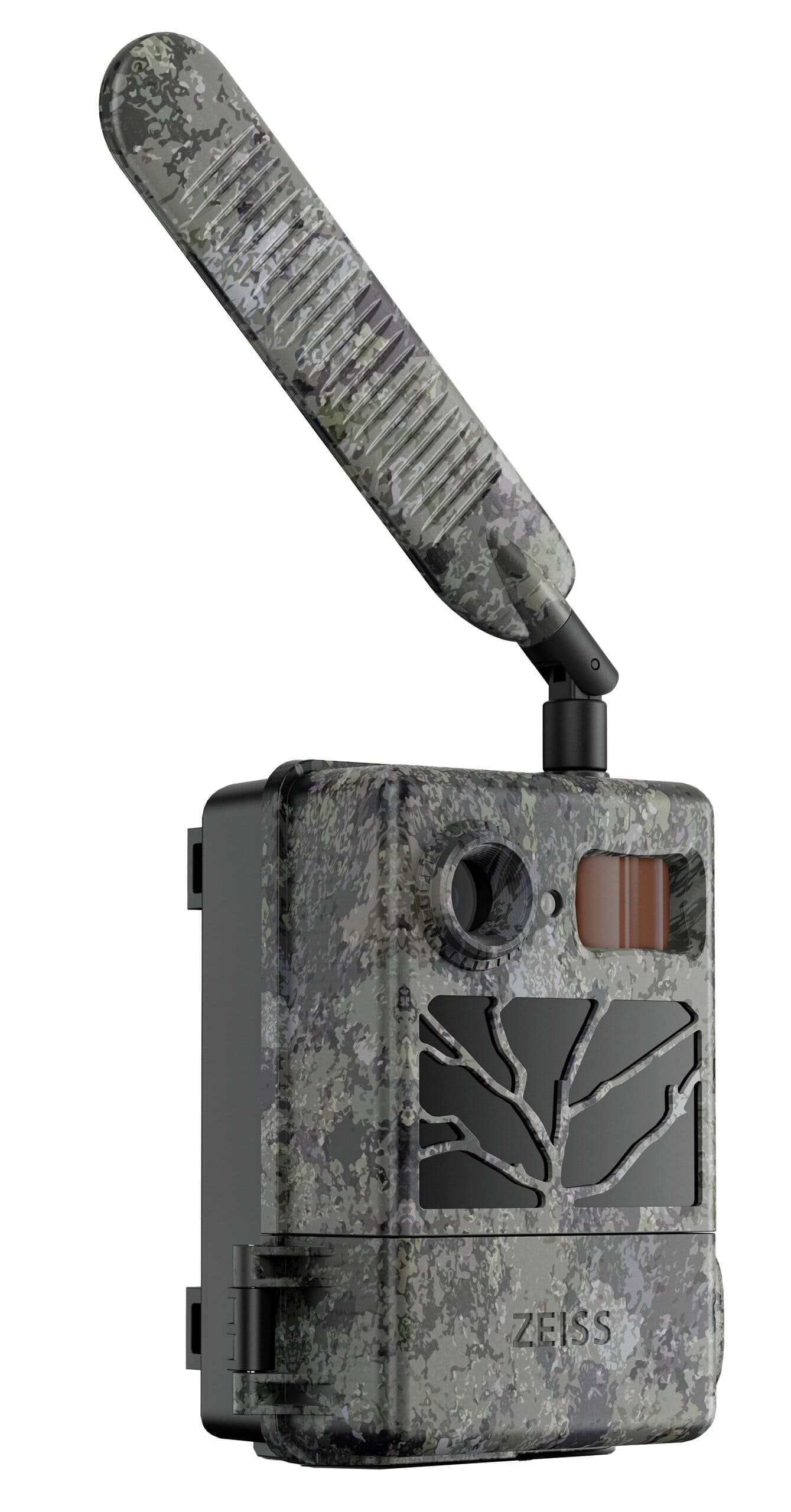 ZEISS Wildkamera Secacam 3 – schräge Seitenansicht mit Objektiv, Bewegungssensor und LTE-Antenne