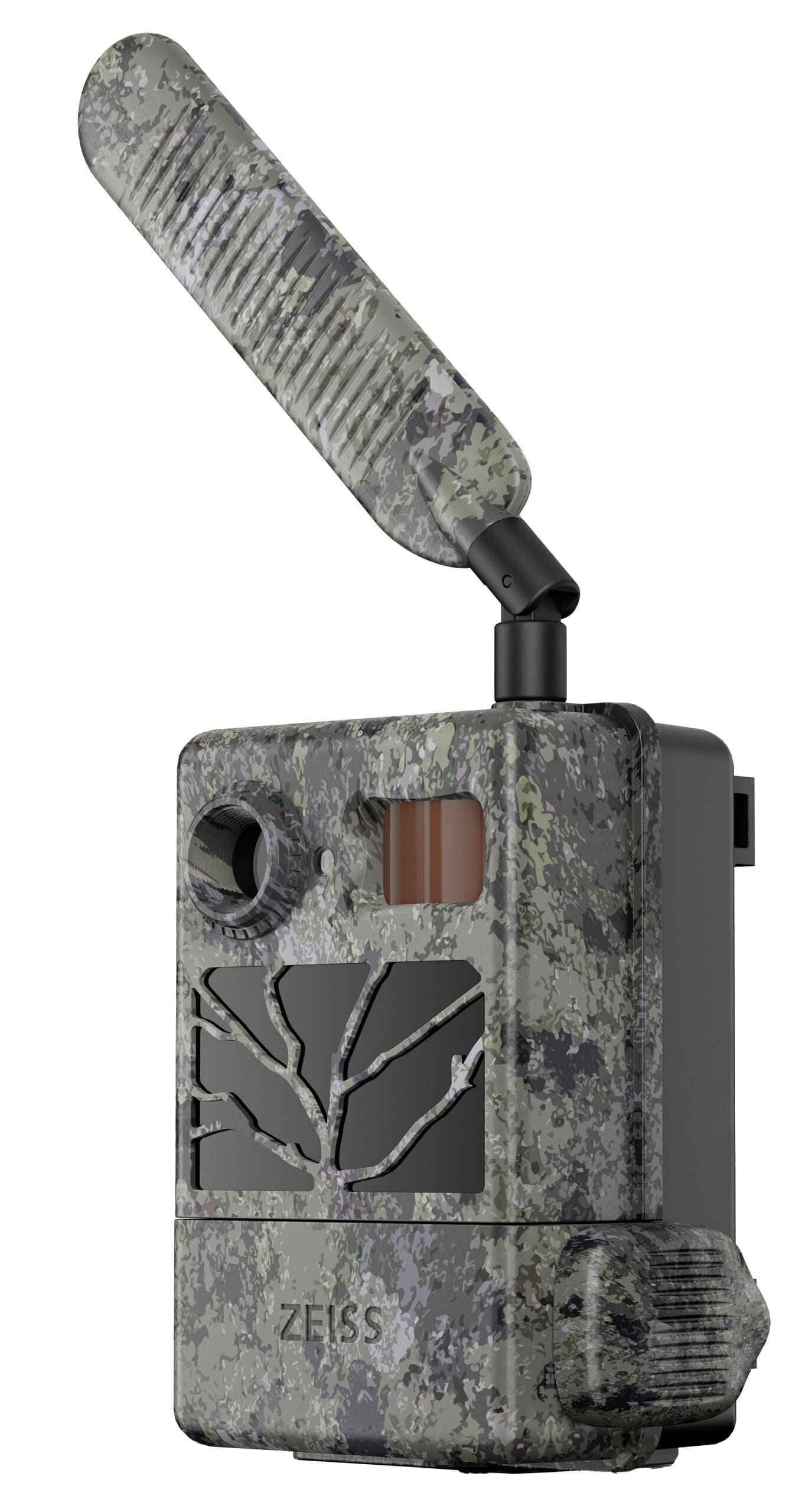 ZEISS Wildkamera Secacam 3 – seitliche Ansicht im Camouflage-Design mit Sensoreinheit und LTE-Antenne